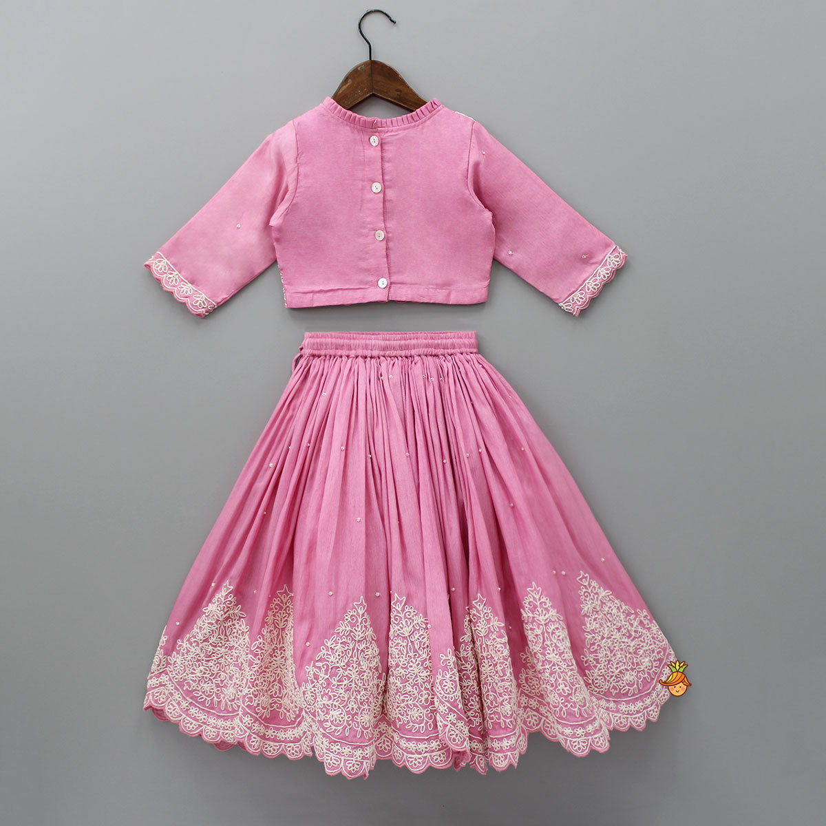 Pre Order: Thread Embroidered Pink Top And Pleated Lehenga