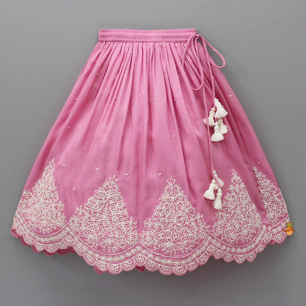 Pre Order: Thread Embroidered Pink Top And Pleated Lehenga