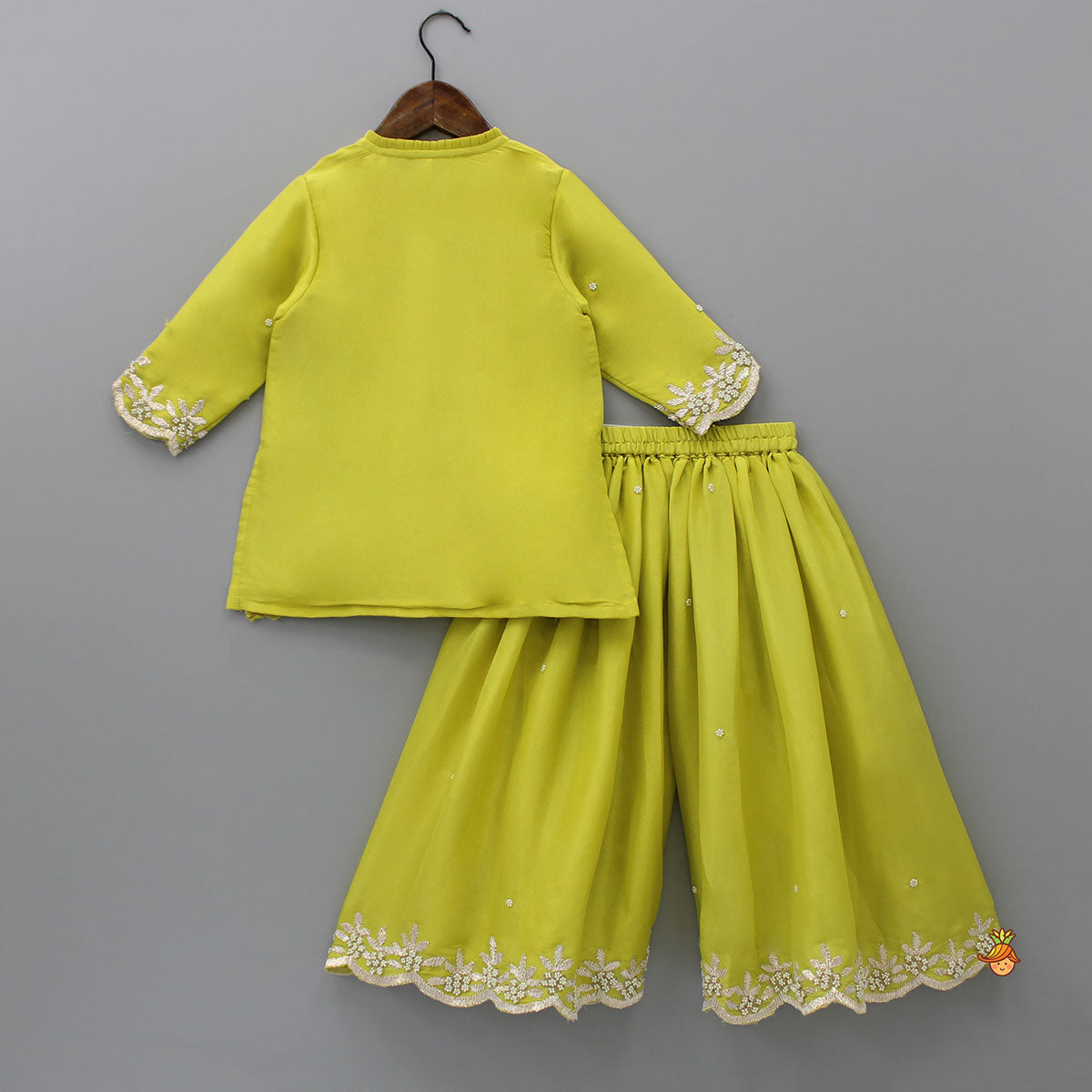 Pre Order: Green Embroidered Kurti With Flared Palazzo