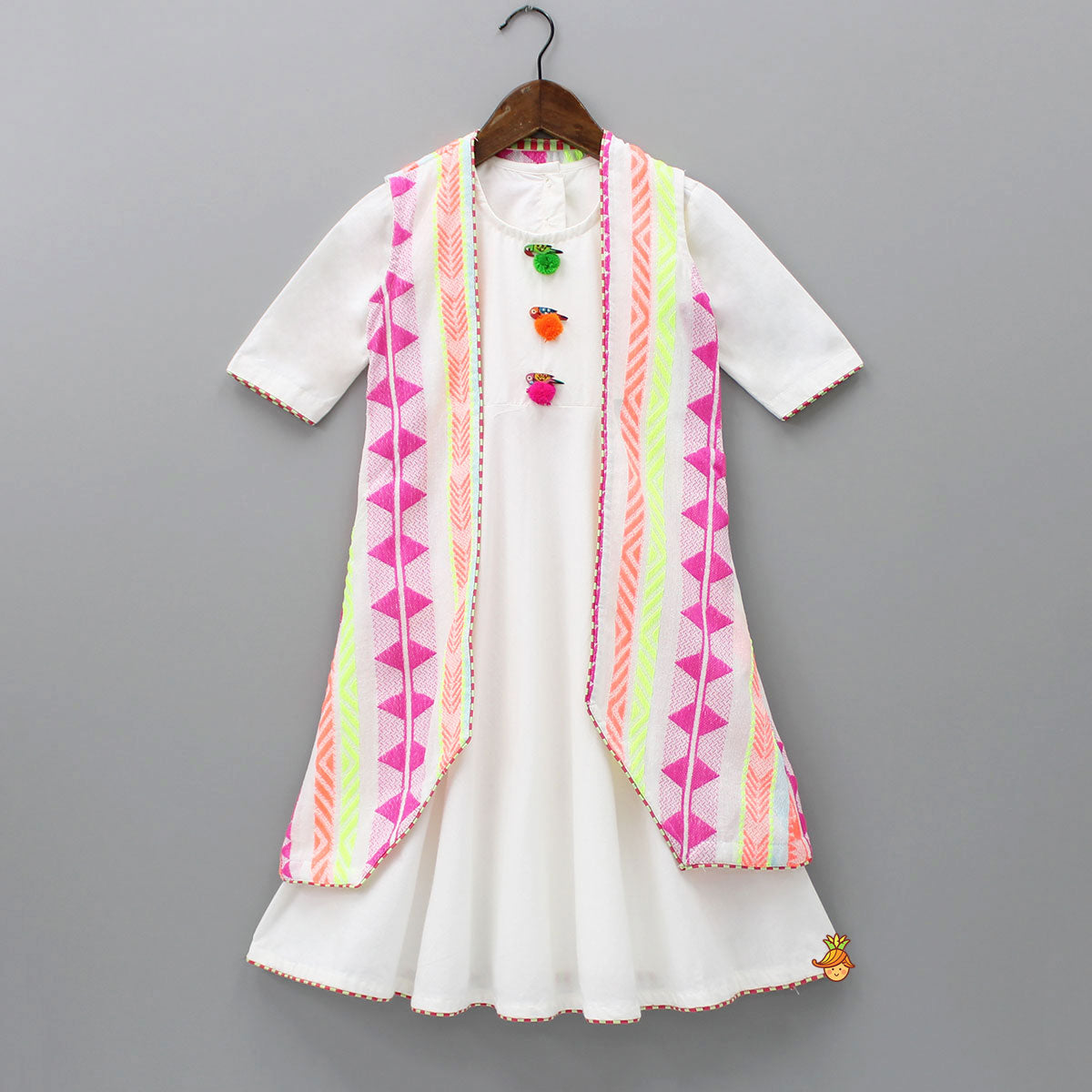 Pre Order: White Kurti With Multicolour Thread Embroidered Jacket