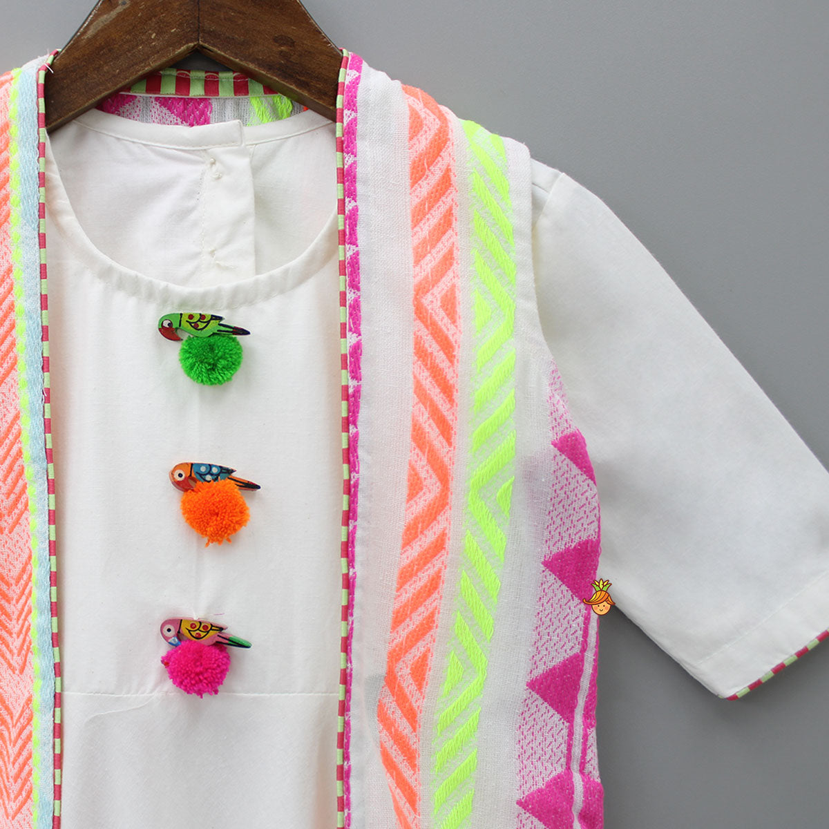 Pre Order: White Kurti With Multicolour Thread Embroidered Jacket