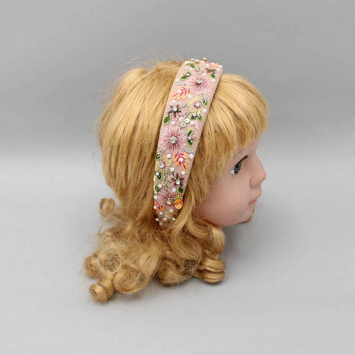 Thread Embroidered Pink Net Hair Band