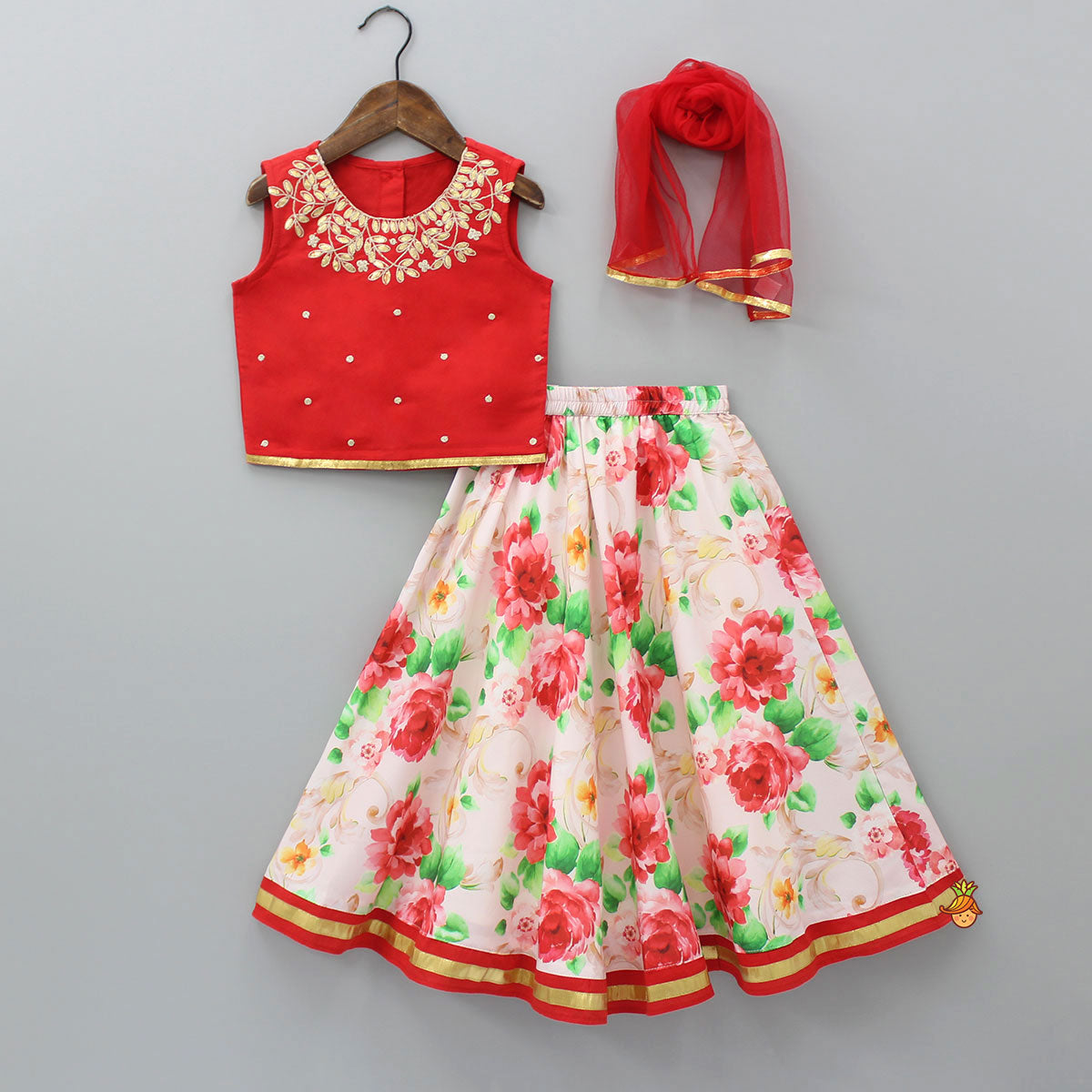 Red Top And Floral Printed Lehenga With Net Dupatta