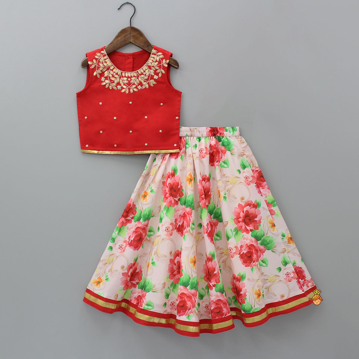 Red Top And Floral Printed Lehenga With Net Dupatta