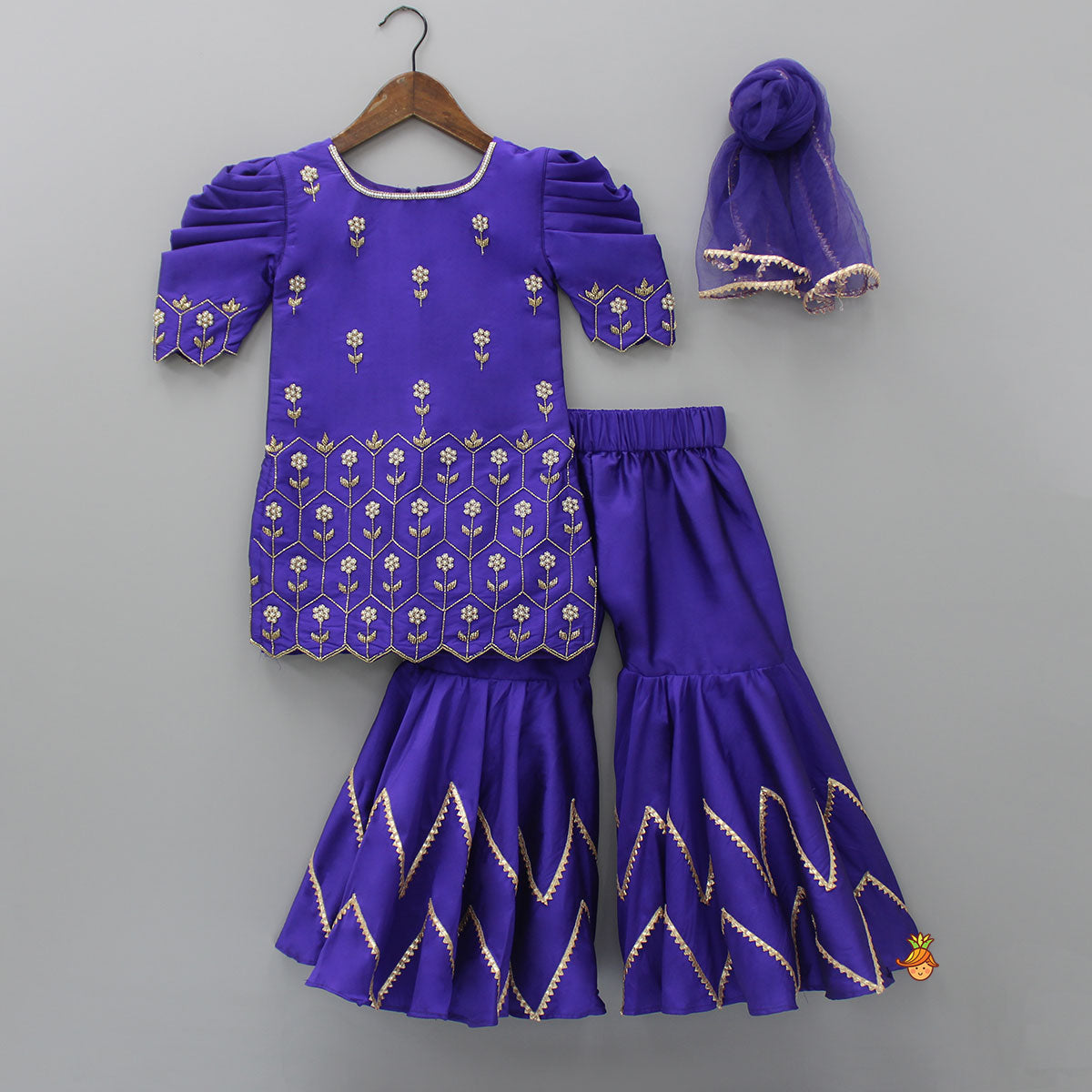 Pre Order: Purple Hand Embroidered Kurti With Sharara And Net Dupatta