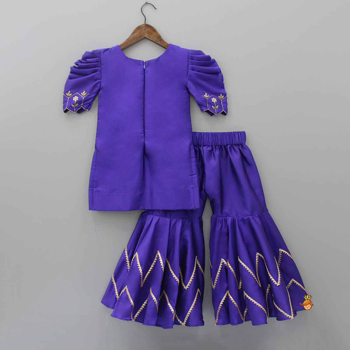 Pre Order: Purple Hand Embroidered Kurti With Sharara And Net Dupatta