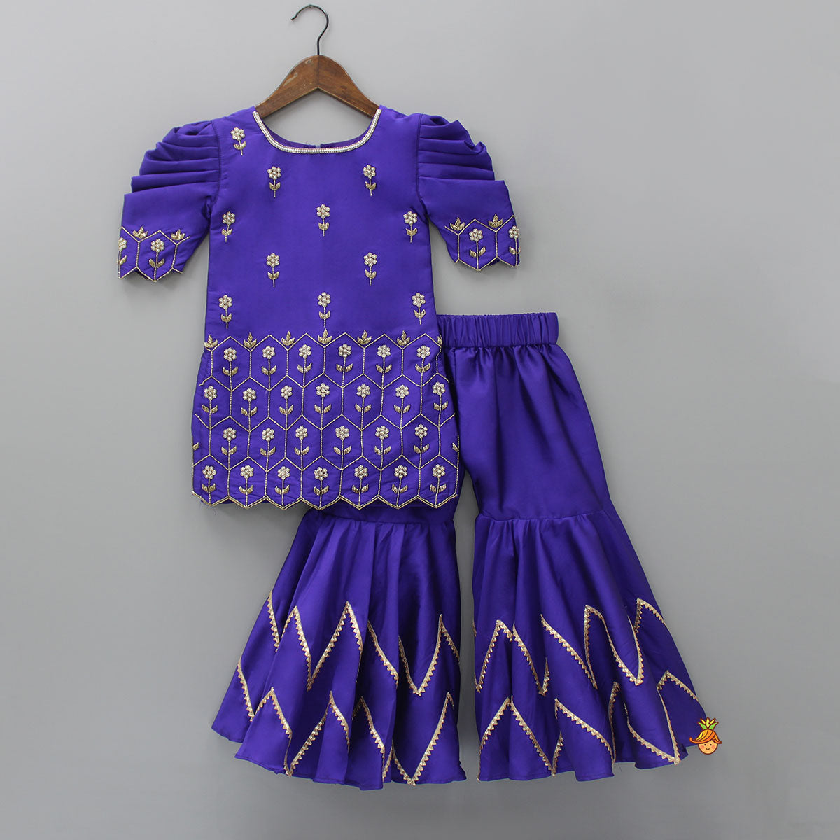 Pre Order: Purple Hand Embroidered Kurti With Sharara And Net Dupatta