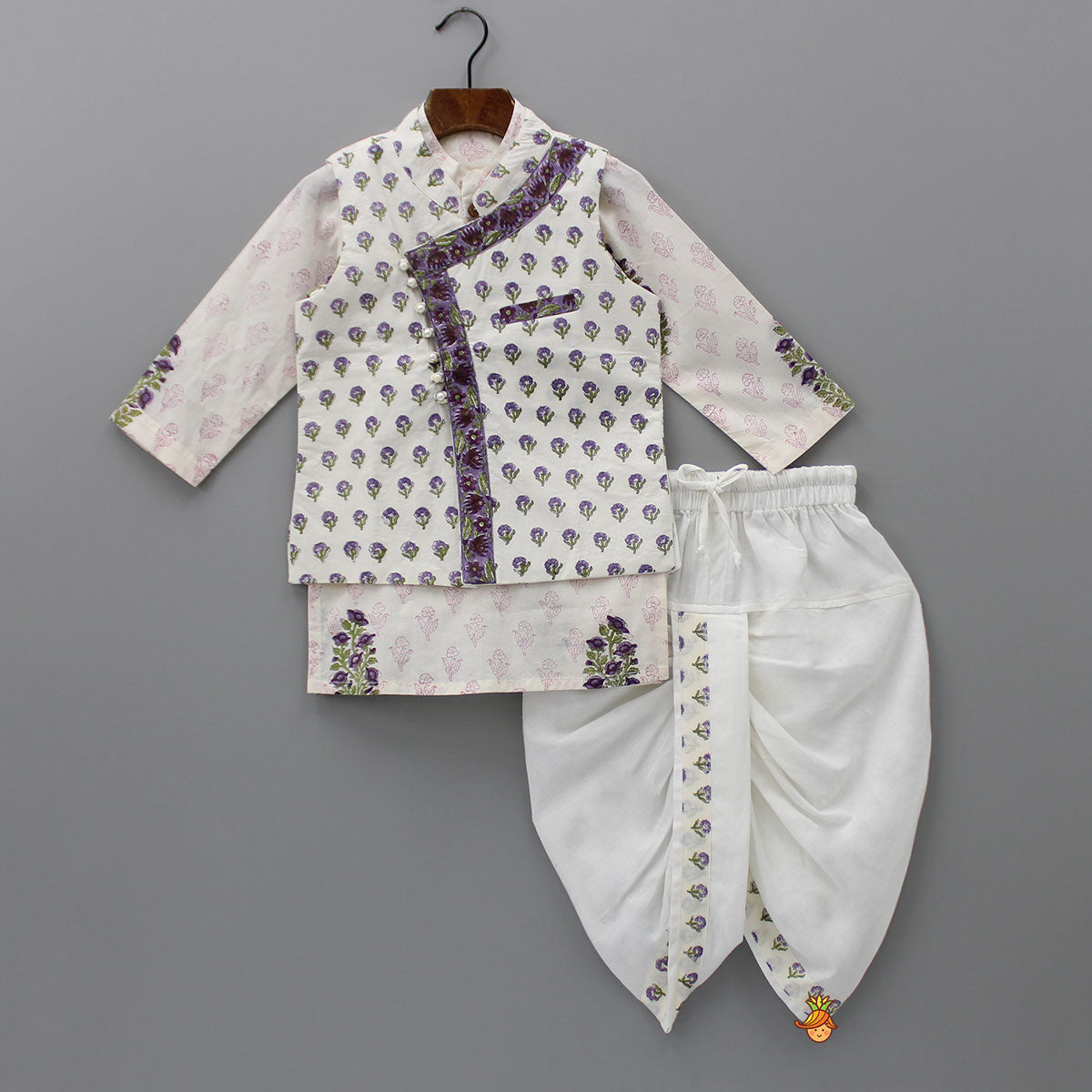 Pre Order: Floral Printed Kurta And Stylish Jacket With Dhoti