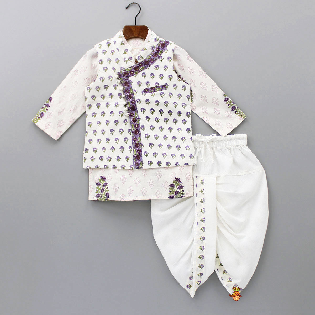 Pre Order: Floral Printed Kurta And Stylish Jacket With Dhoti