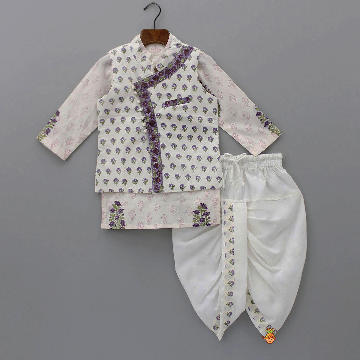 Pre Order: Floral Printed Kurta And Stylish Jacket With Dhoti