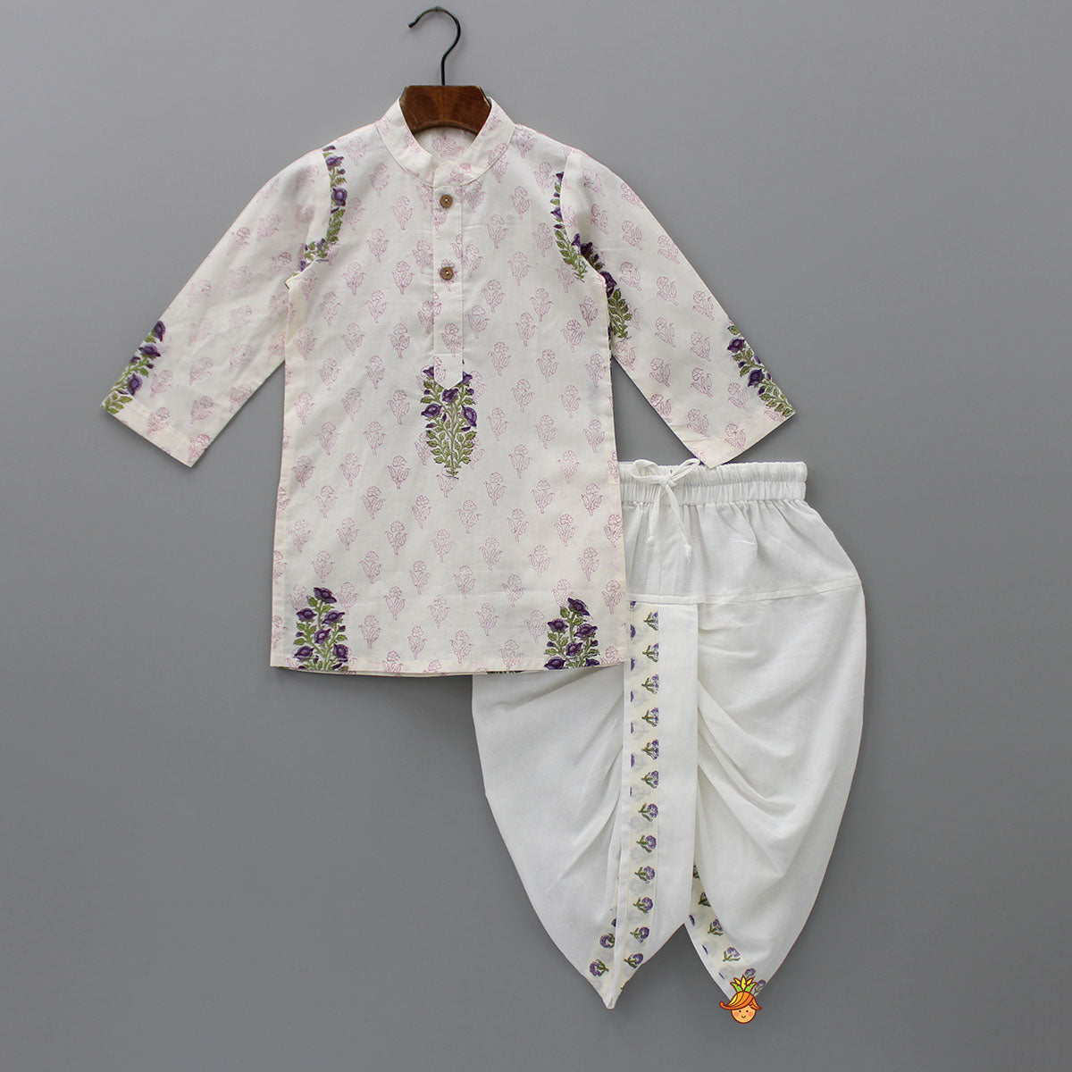 Pre Order: Floral Printed Kurta And Stylish Jacket With Dhoti