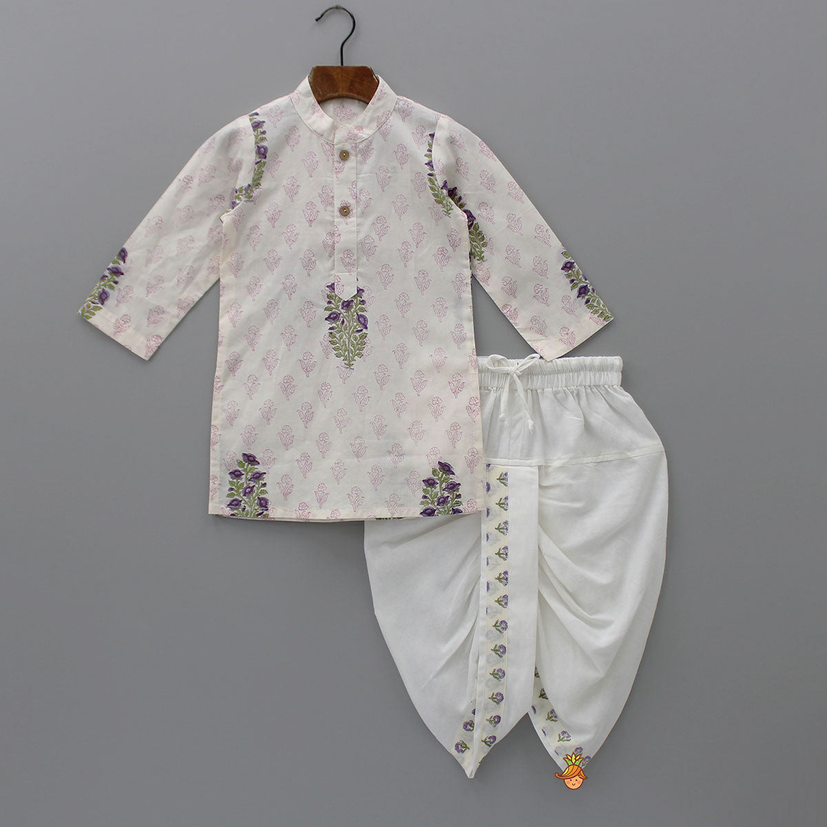Pre Order: Floral Printed Kurta And Stylish Jacket With Dhoti
