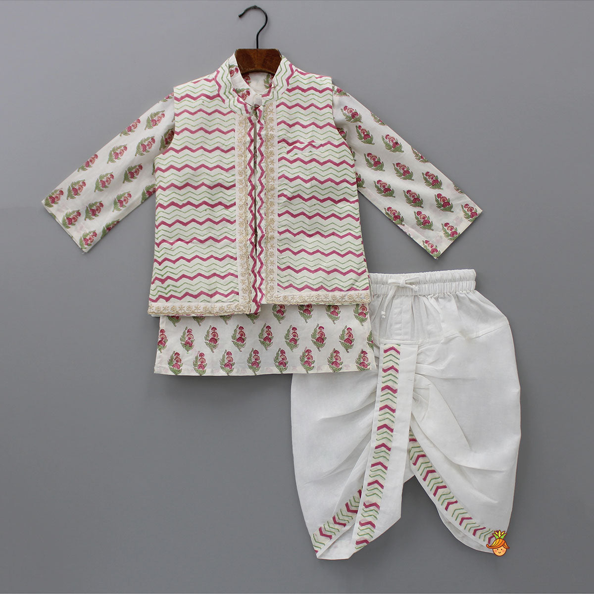 Pre Order: Floral Printed Kurta And Chevron Printed Jacket With Dhoti