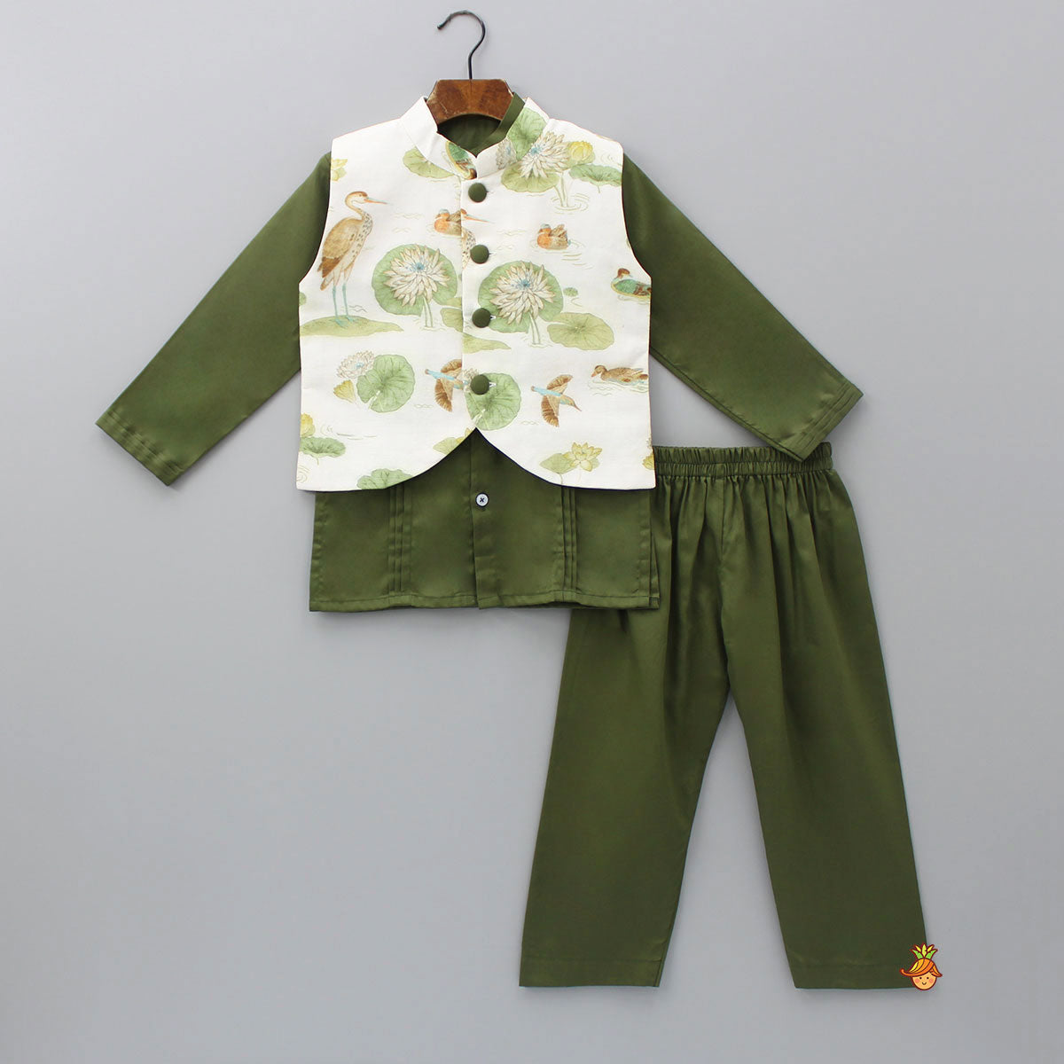 Pre Order: Green Kurta And Printed Jacket With Pyjama