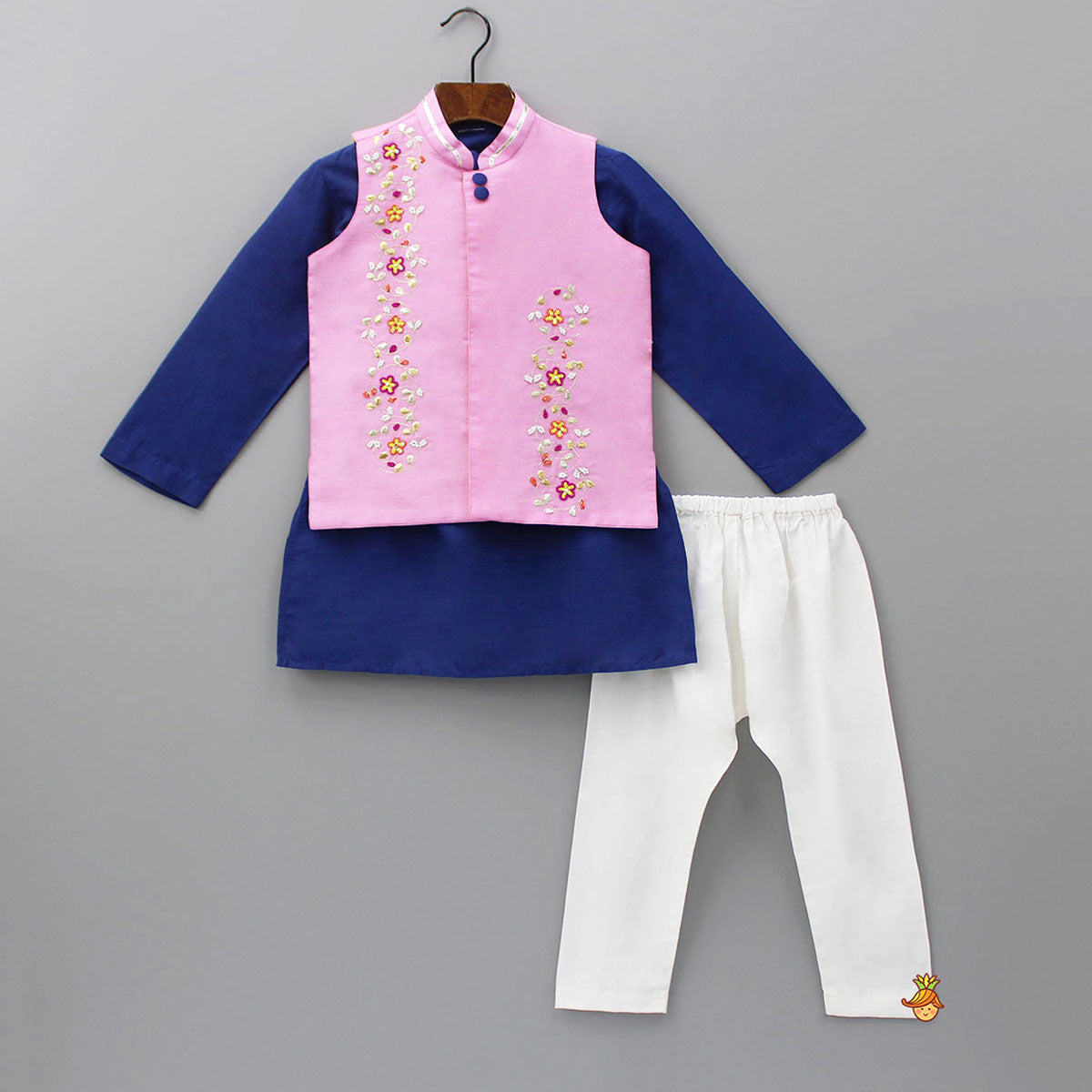 Pre Order: Blue Plain Kurta And Embroidered Jacket With Pyjama