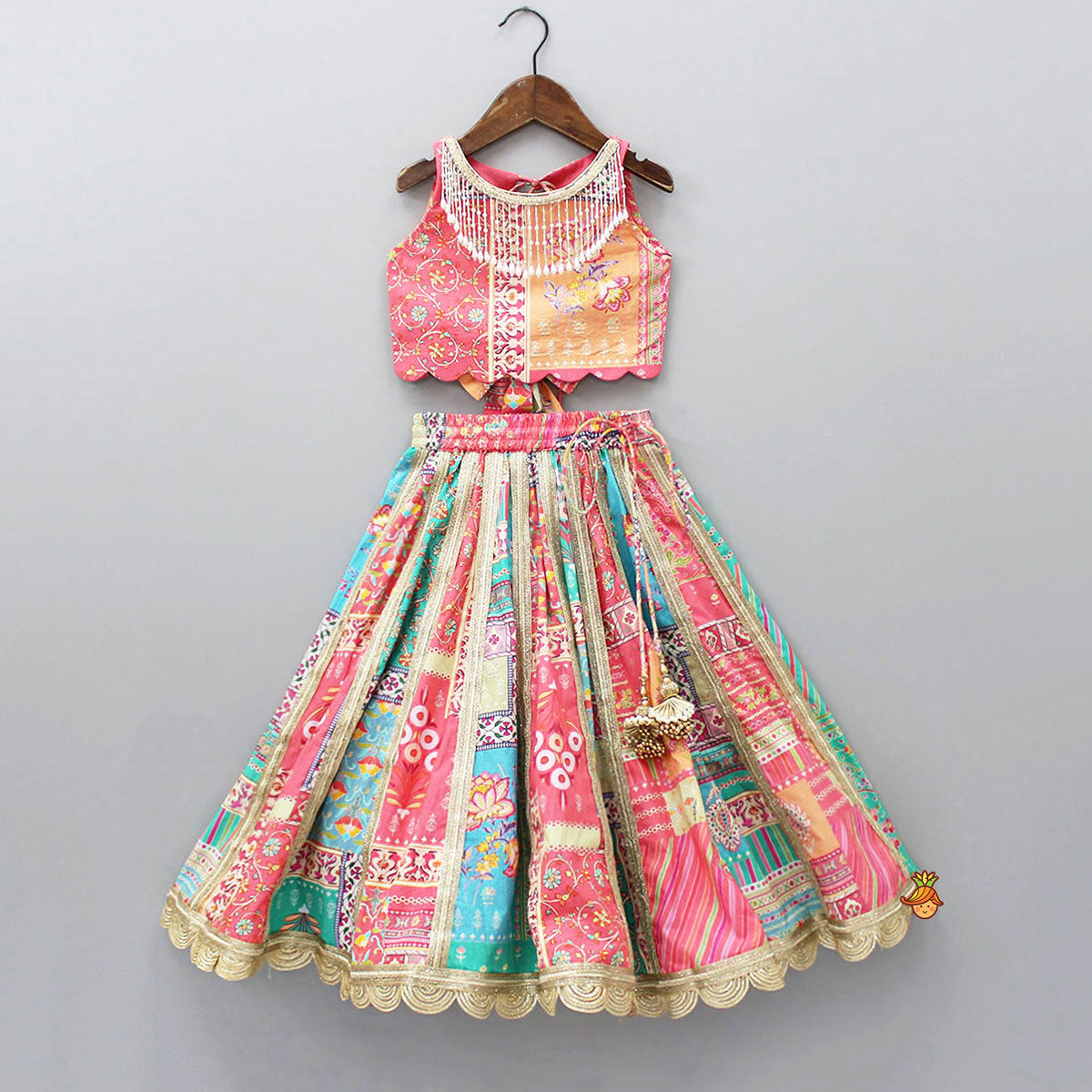 Pre Order: Floral Printed Multicolour Top And Lehenga