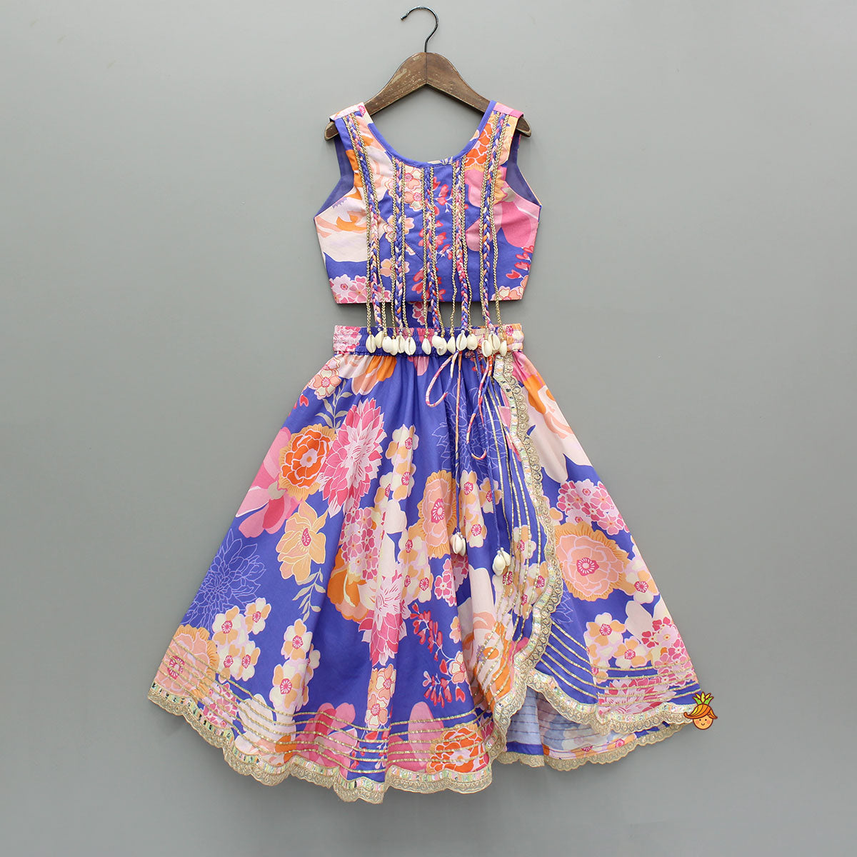 Pre Order: Purple Floral Printed Top With Gota Lace Work Lehenga
