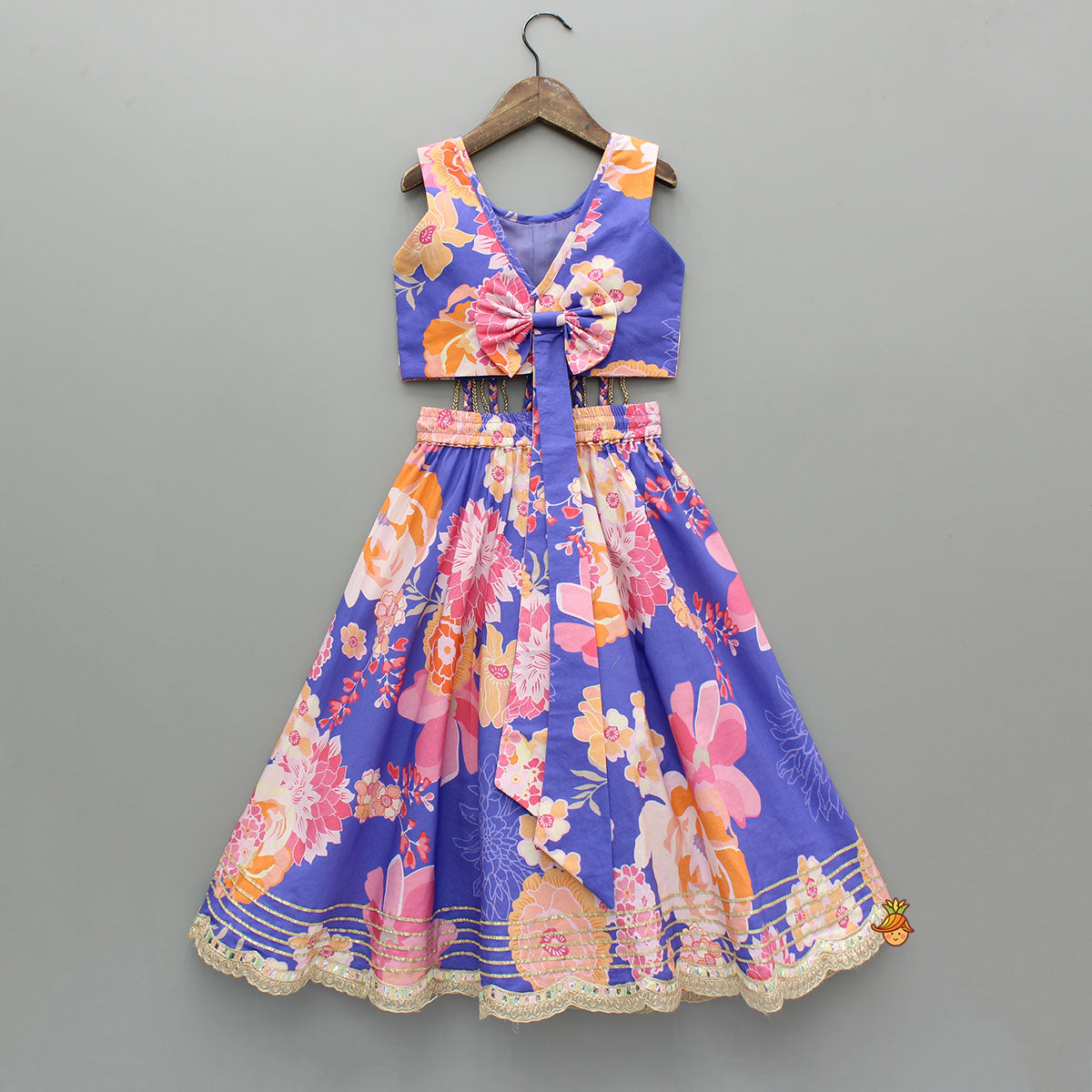 Pre Order: Purple Floral Printed Top With Gota Lace Work Lehenga