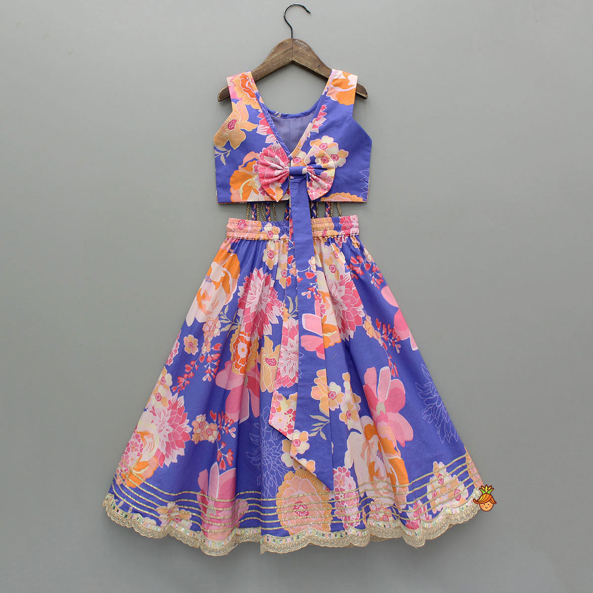 Pre Order: Purple Floral Printed Top With Gota Lace Work Lehenga