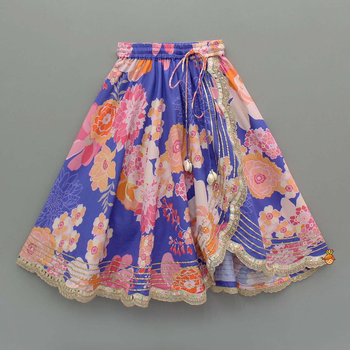 Pre Order: Purple Floral Printed Top With Gota Lace Work Lehenga