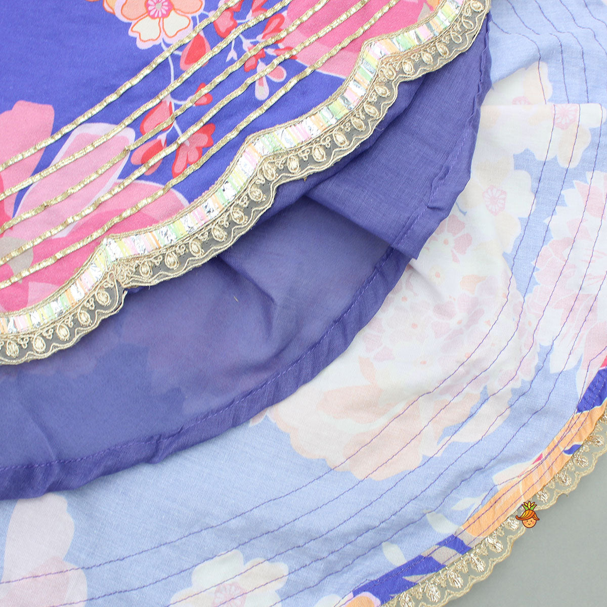 Pre Order: Purple Floral Printed Top With Gota Lace Work Lehenga