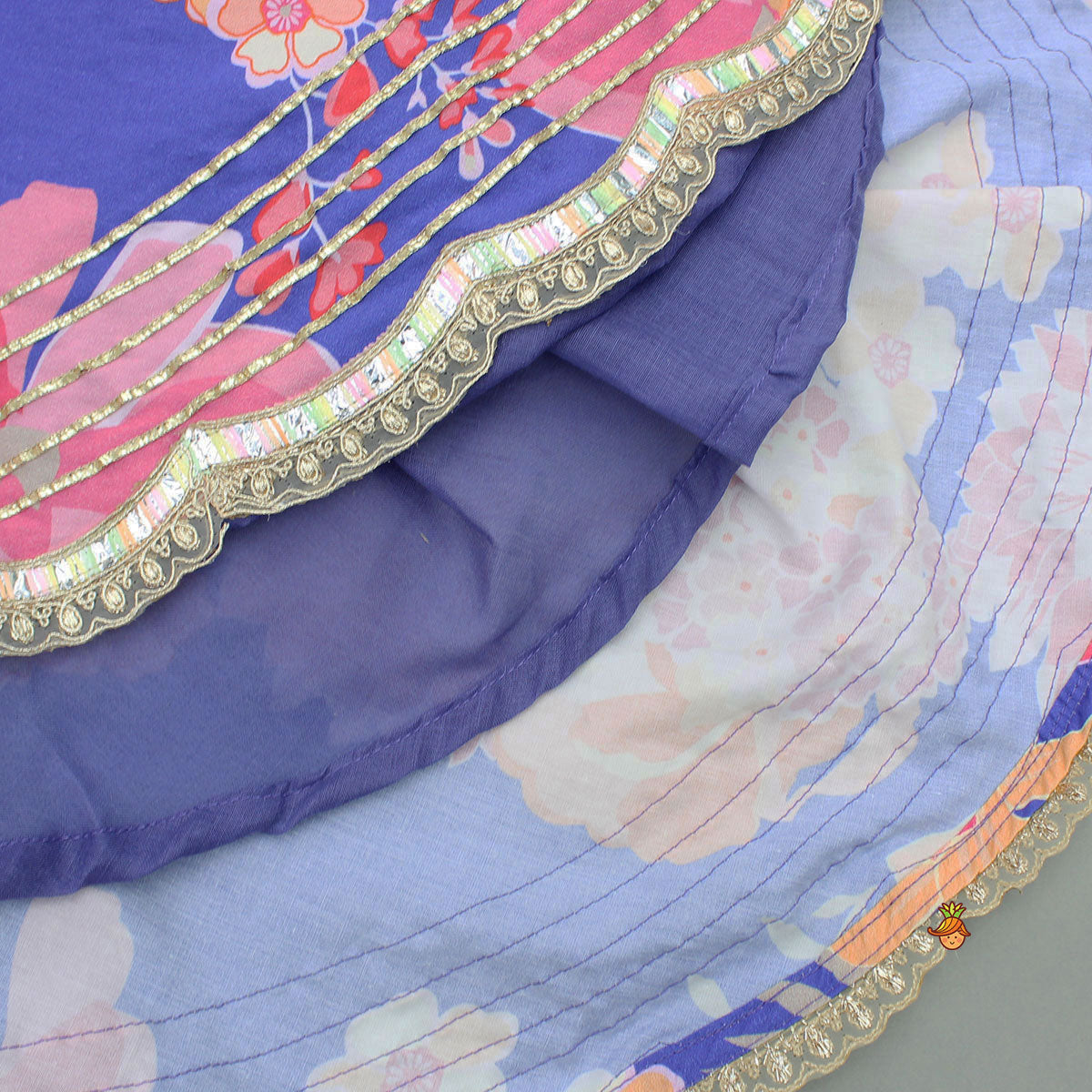 Pre Order: Purple Floral Printed Top With Gota Lace Work Lehenga