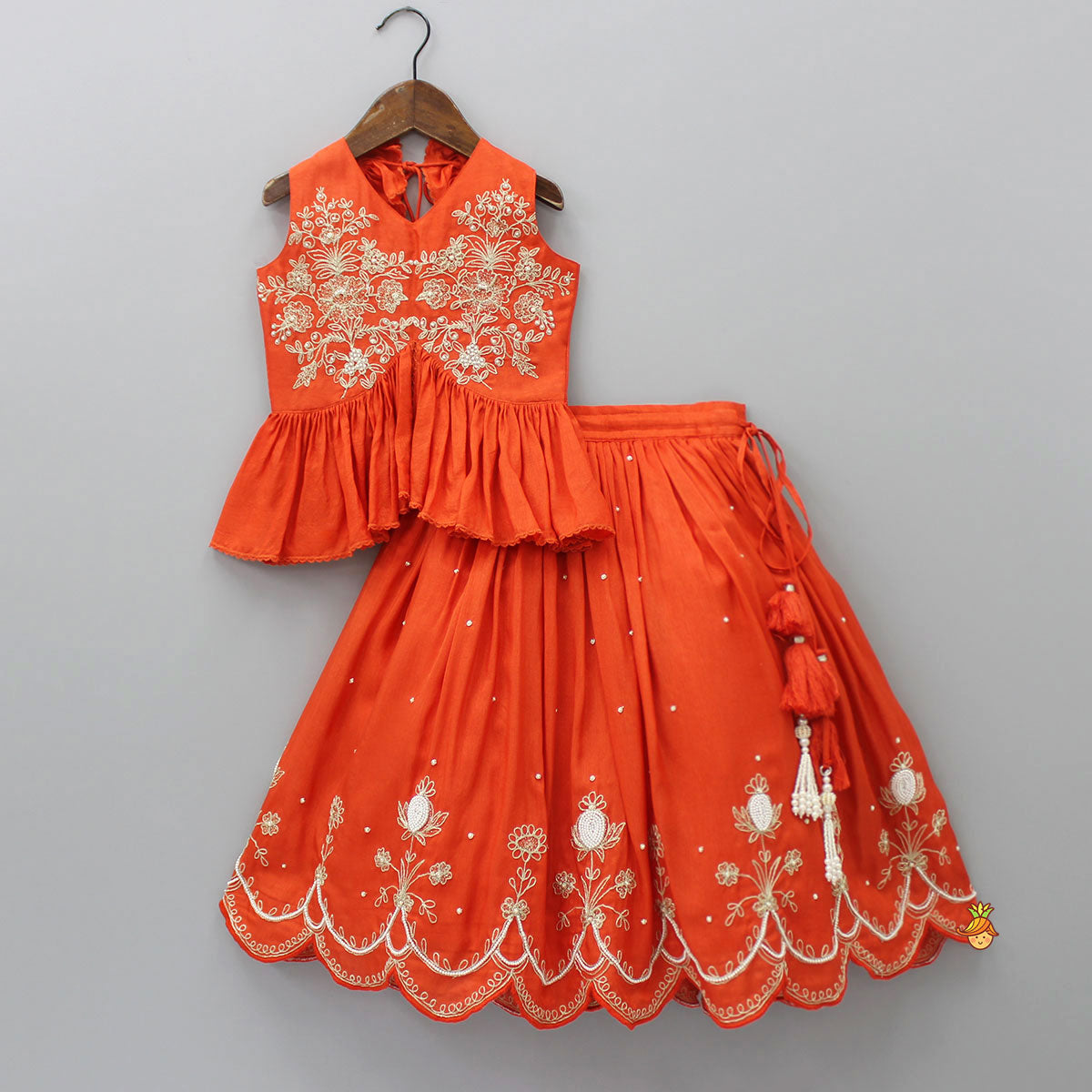 Pre Order: Embroidered Stylish Orange Top And Pleated Lehenga