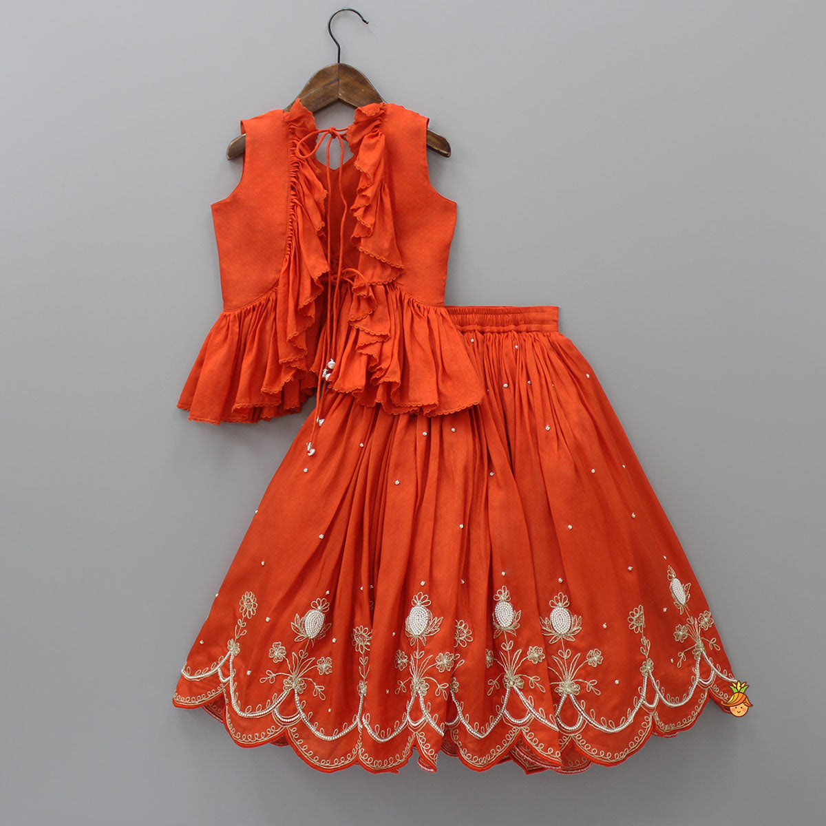 Pre Order: Embroidered Stylish Orange Top And Pleated Lehenga