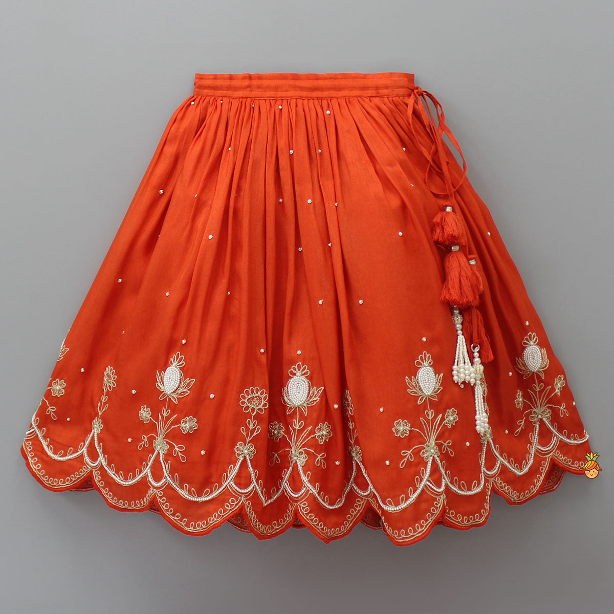 Pre Order: Embroidered Stylish Orange Top And Pleated Lehenga