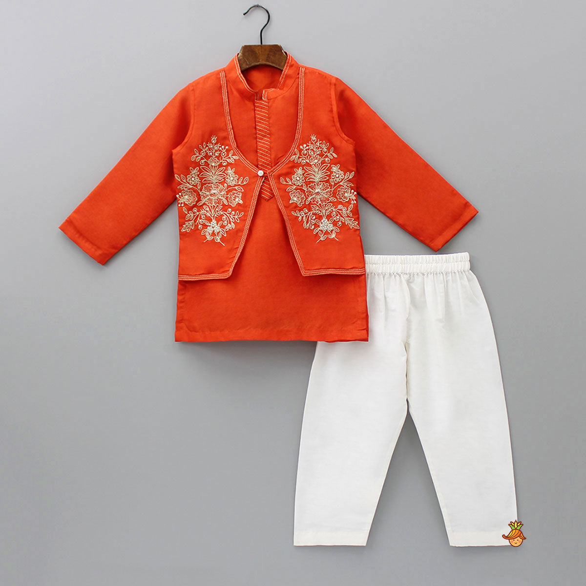 Pre Order: Embroidered Flap Orange Kurta And Pyjama