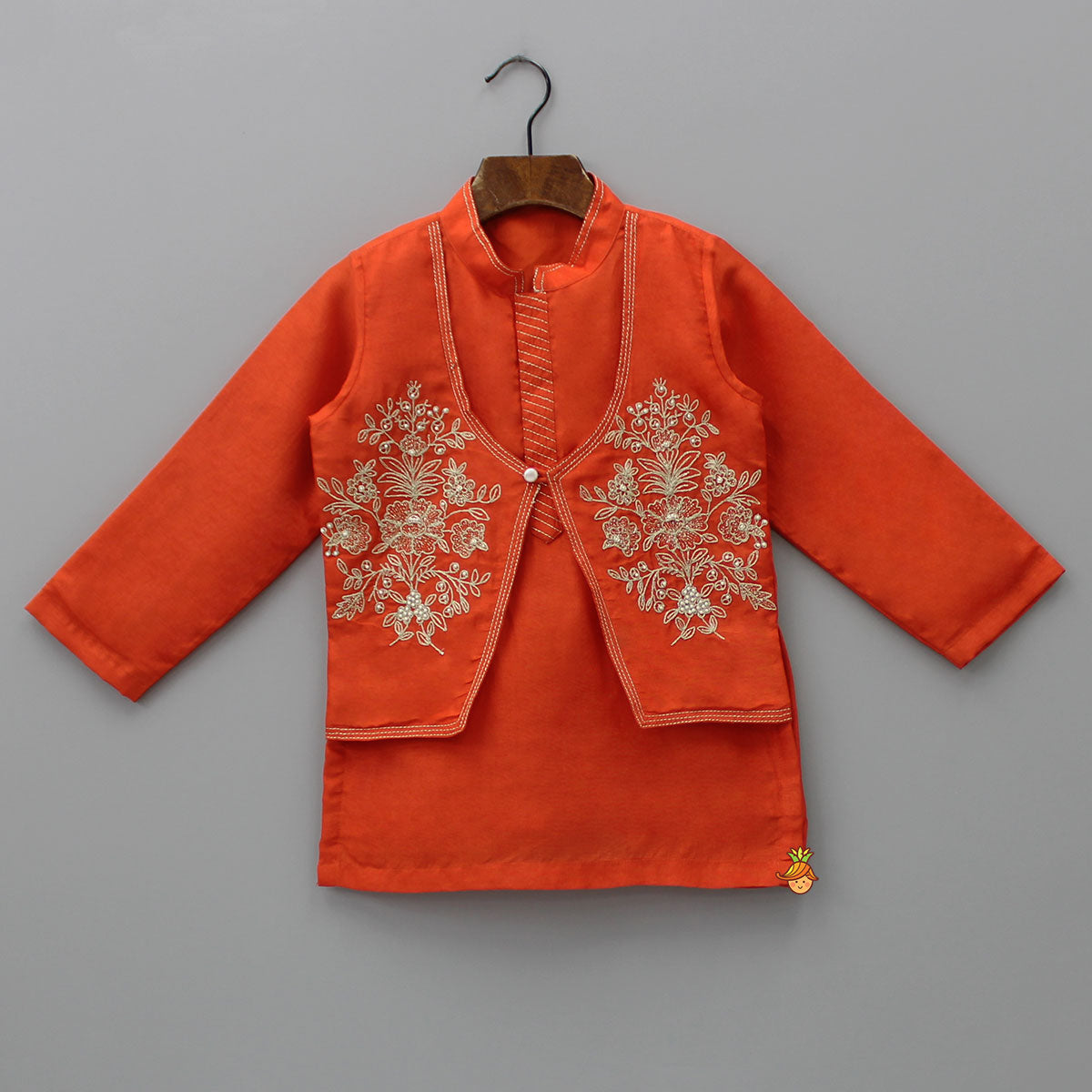 Pre Order: Embroidered Flap Orange Kurta And Pyjama