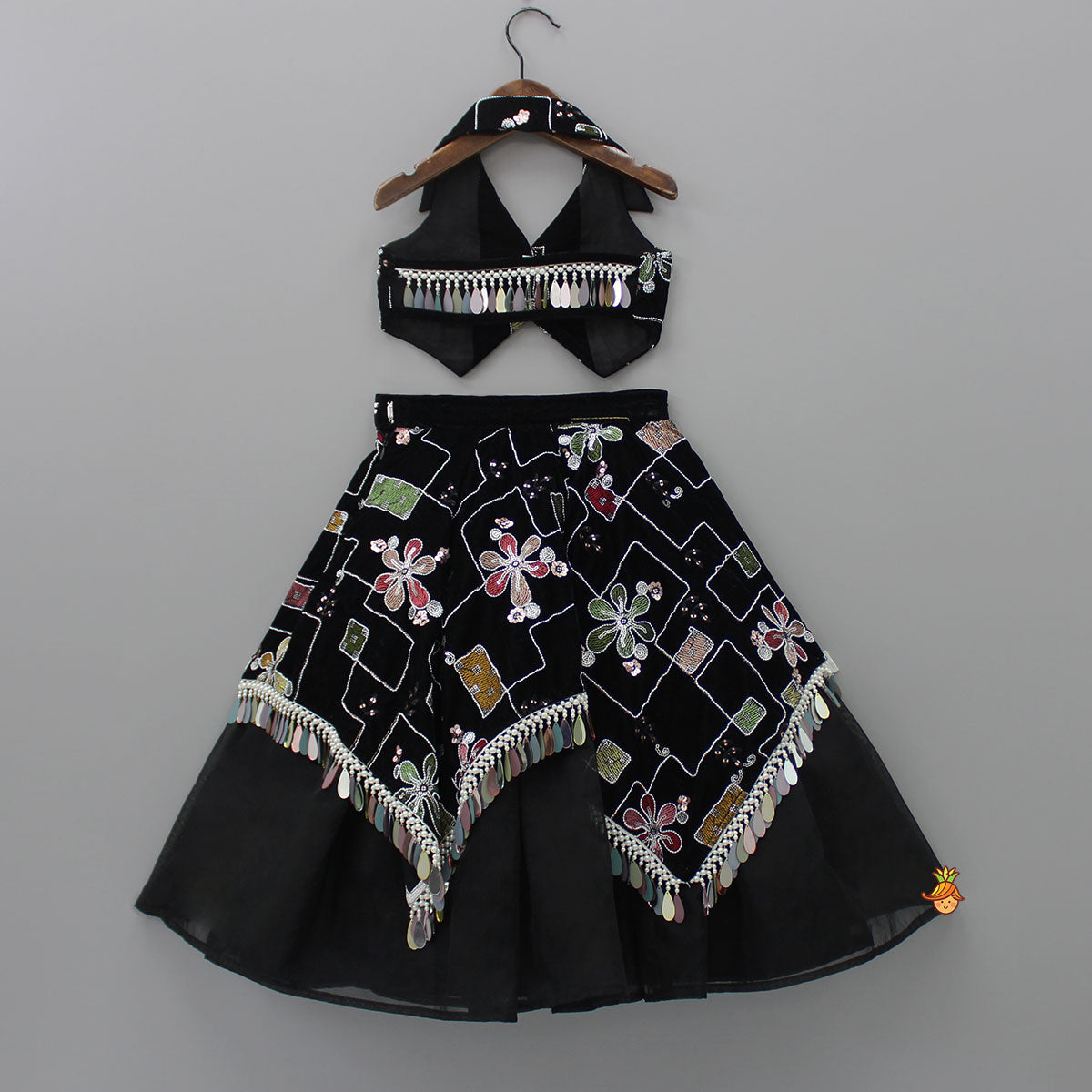 Pre Order: Black Velvet Embroidered Collar Neck Halter Top With Flap Embroidered Lehenga