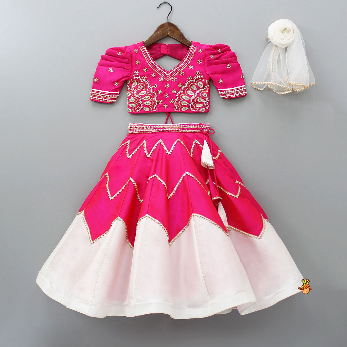 Pre Order: Embroidered Pink Top With Dual Tone Lehenga And Net Dupatta