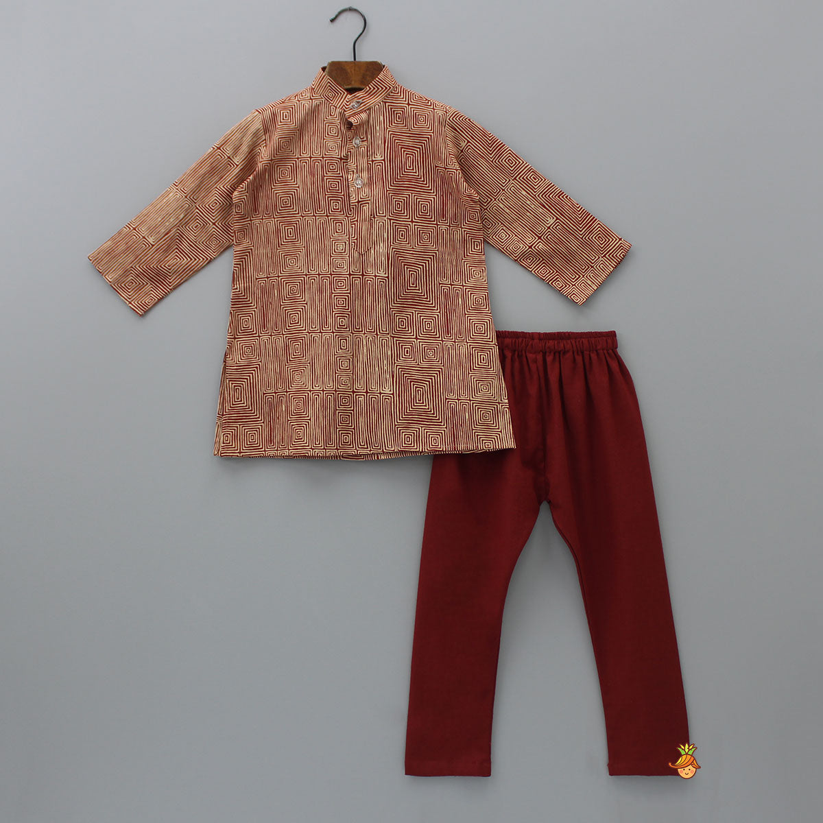 Printed Kurta With Maroon Embroidered Jacket And Churidar