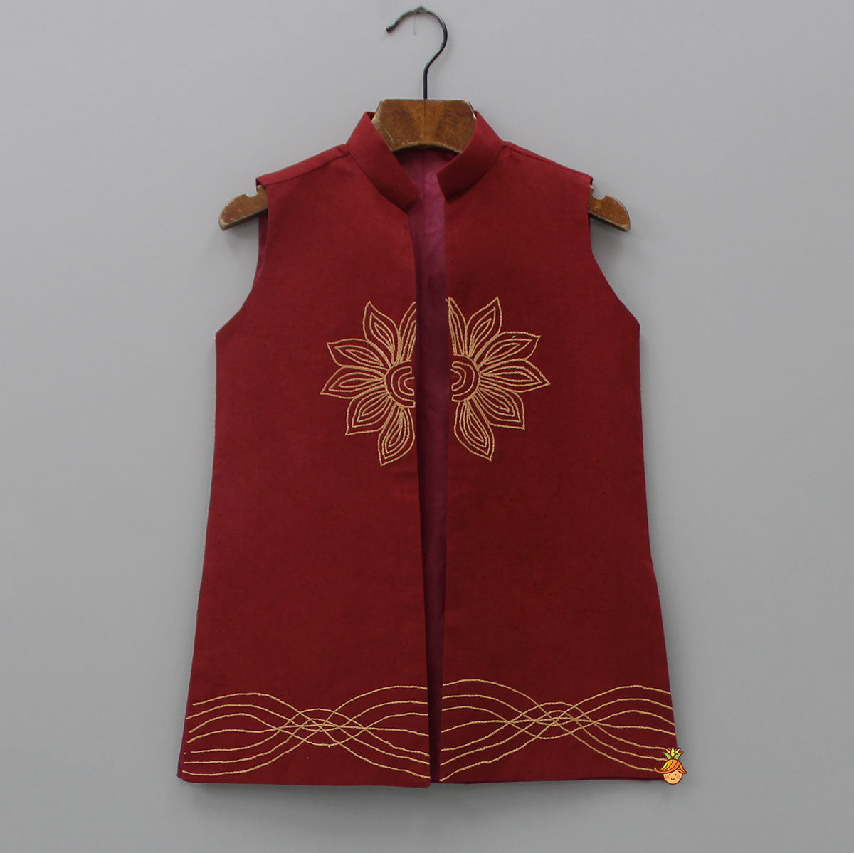 Printed Kurta With Maroon Embroidered Jacket And Churidar