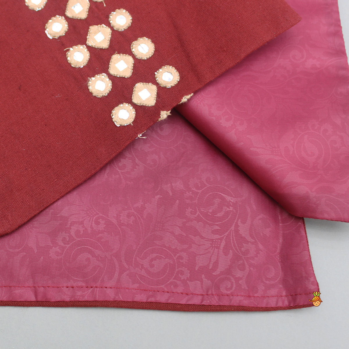 Faux Mirror Work Pocket Square Maroon Sherwani And Printed Dhoti