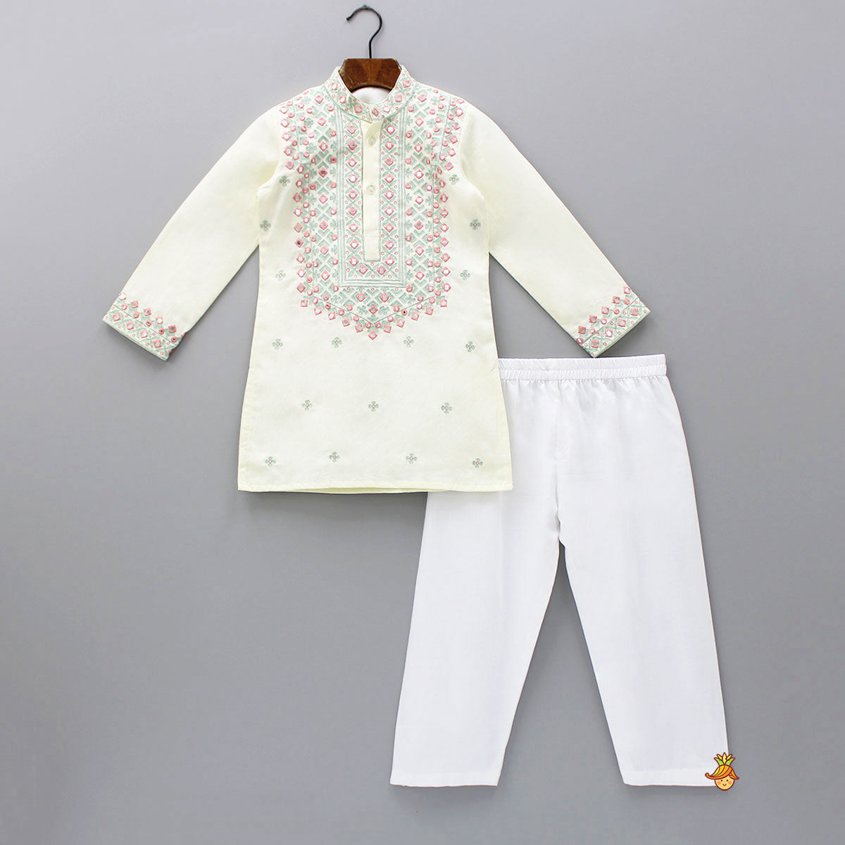 Pre Order: Faux Mirror Work And Thread Embroidered Kurta With Pyjama