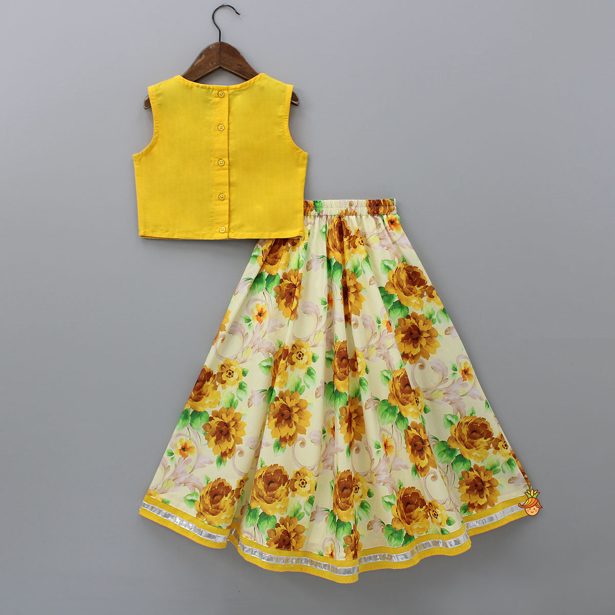 Yellow Gota Lace Embroidered Top With Floral Printed Lehenga And Net Dupatta