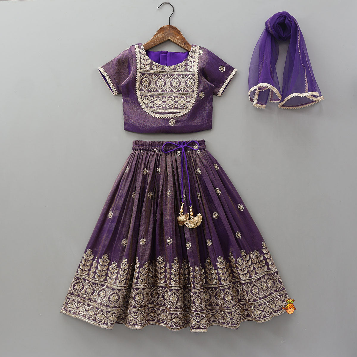 Embroidered Purple Top And Pleated Lehenga With Net Dupatta