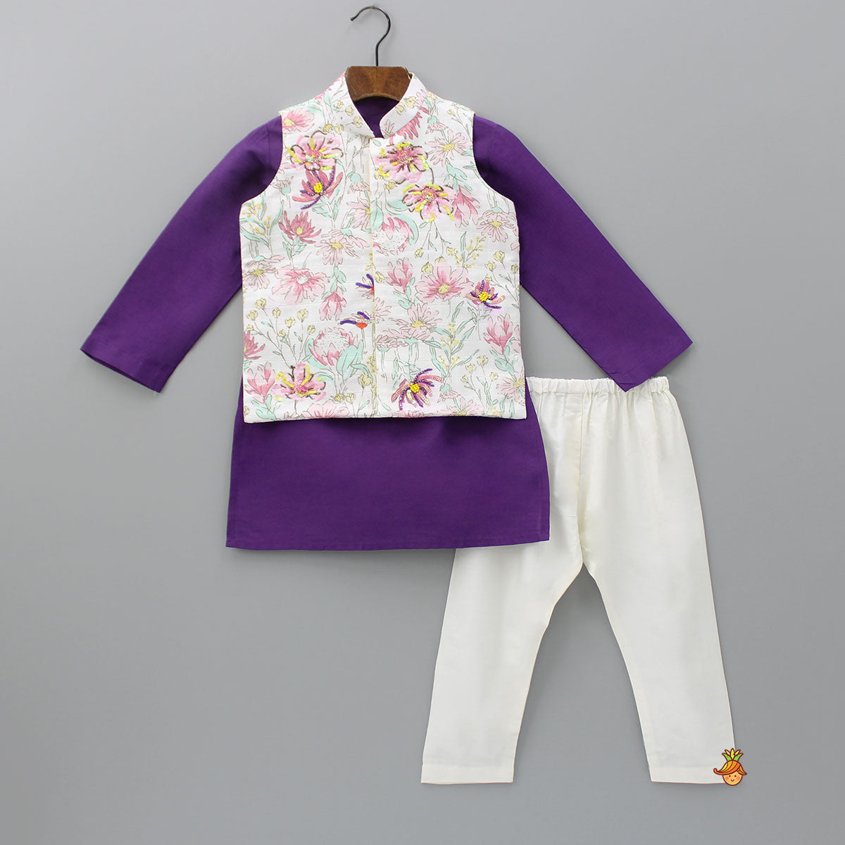 Pre Order: Purple Kurta And Floral Printed Jacket With Pyjama