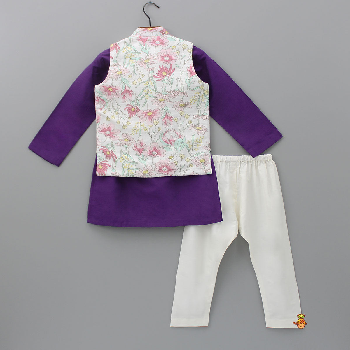 Pre Order: Purple Kurta And Floral Printed Jacket With Pyjama