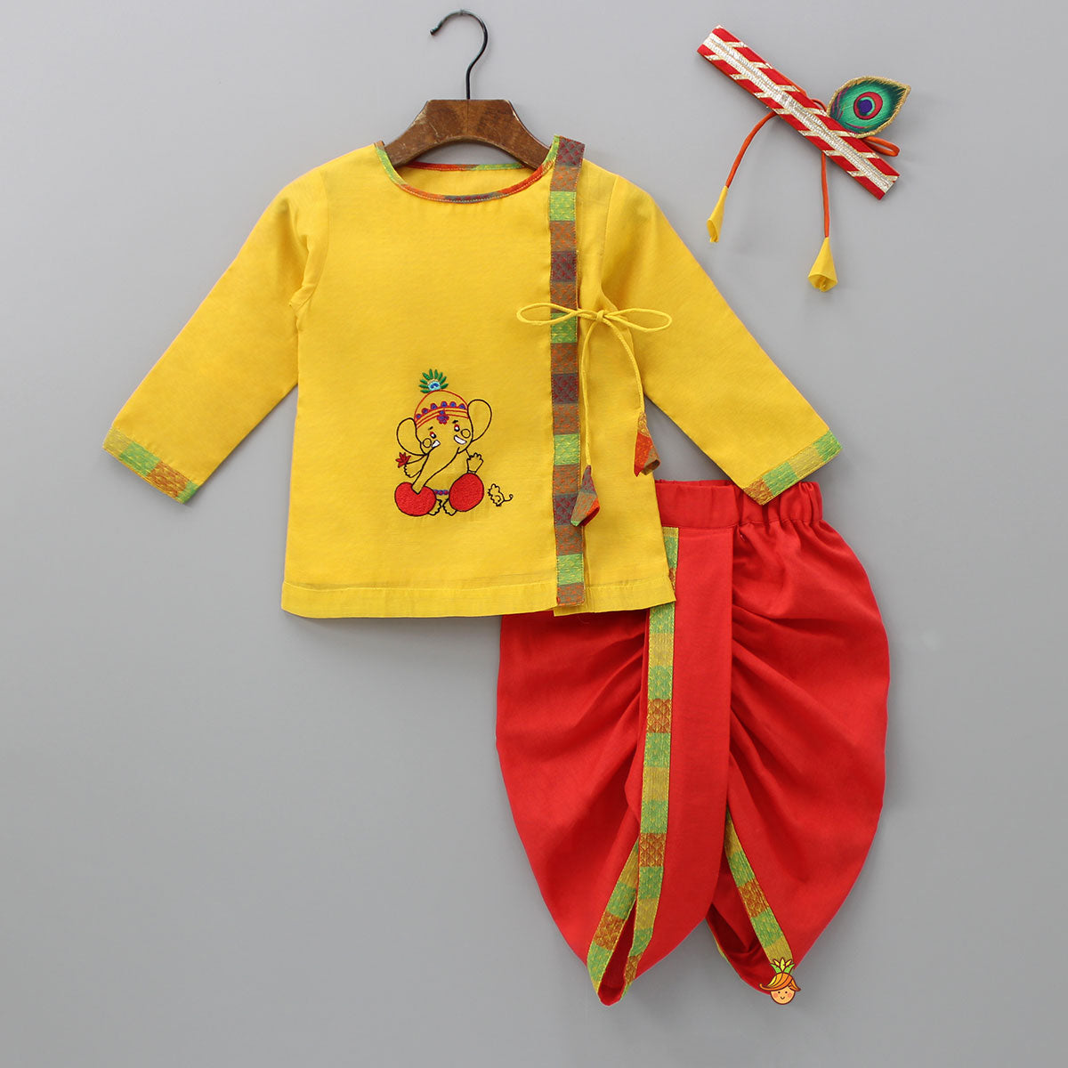 Pre Order: Angarkha Style Yellow Kurta And Dhoti With Mukut