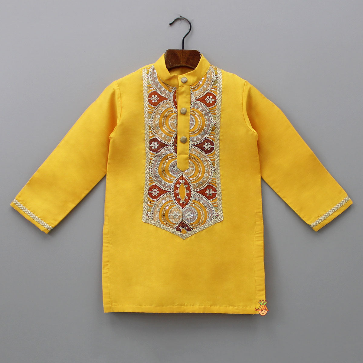 Embroidered Mustard Kurta And Off White Pyjama