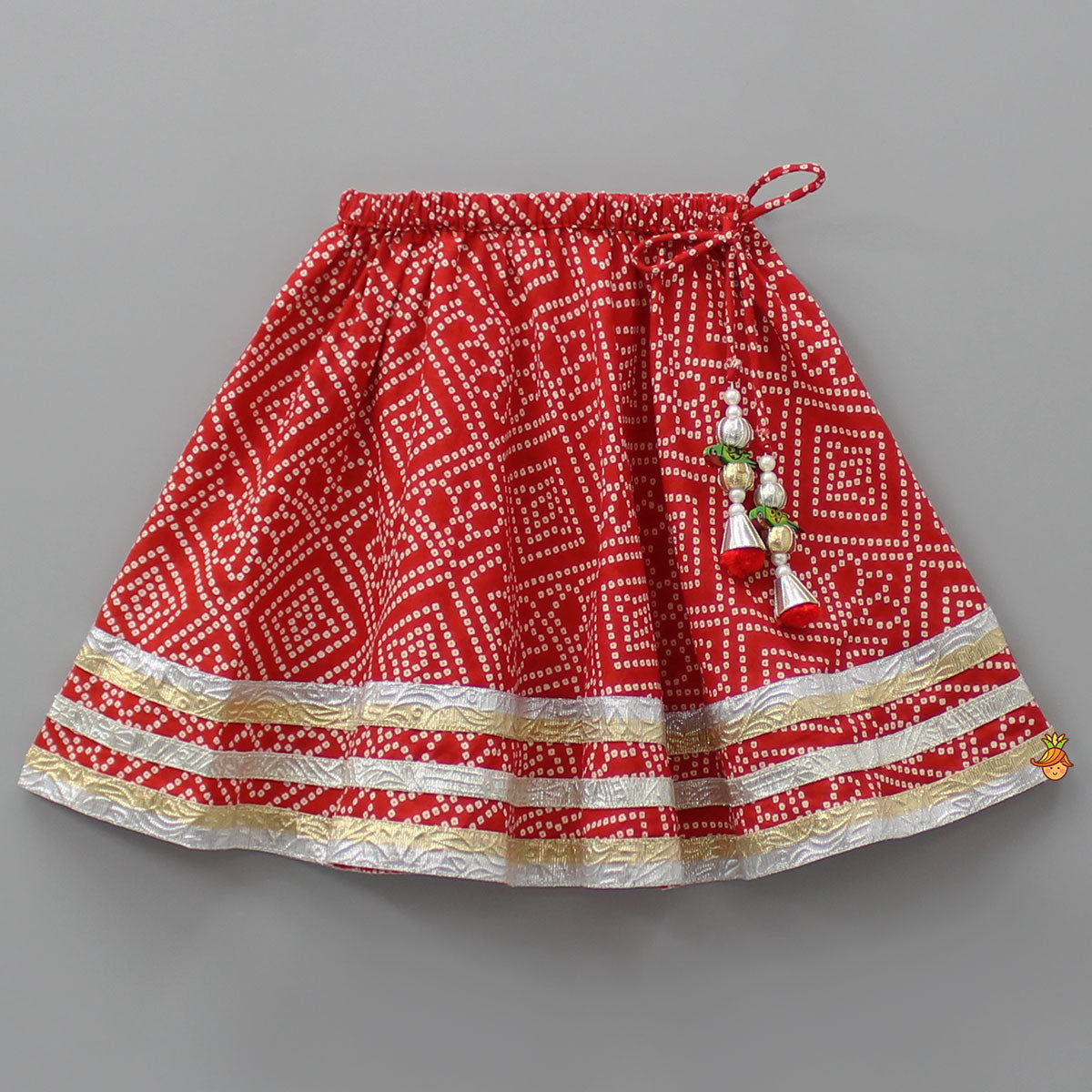 Pre Order: Bandhani Printed Red Top With Lehenga And Matching Booties With Head Band