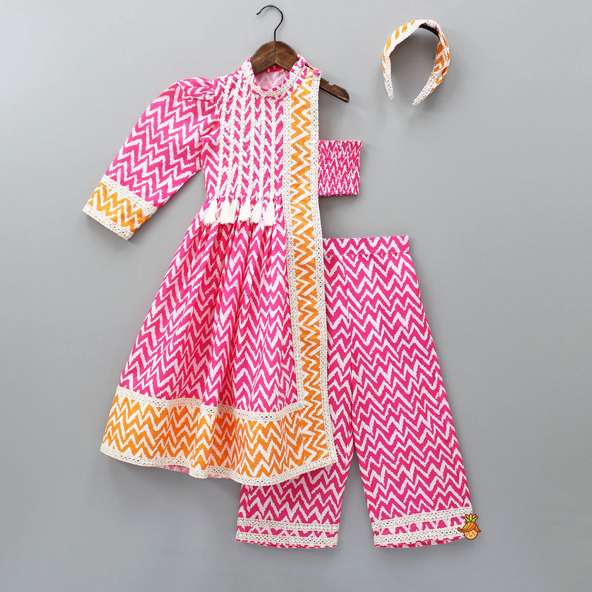 Pre Order: Chevron Printed Stylish Kurti And Palazzo With Matching Hairband