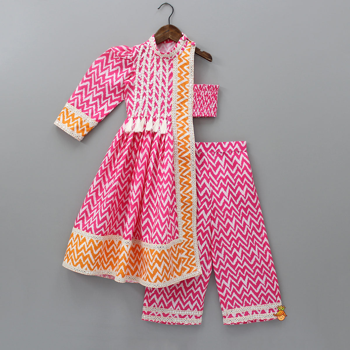 Pre Order: Chevron Printed Stylish Kurti And Palazzo With Matching Hairband