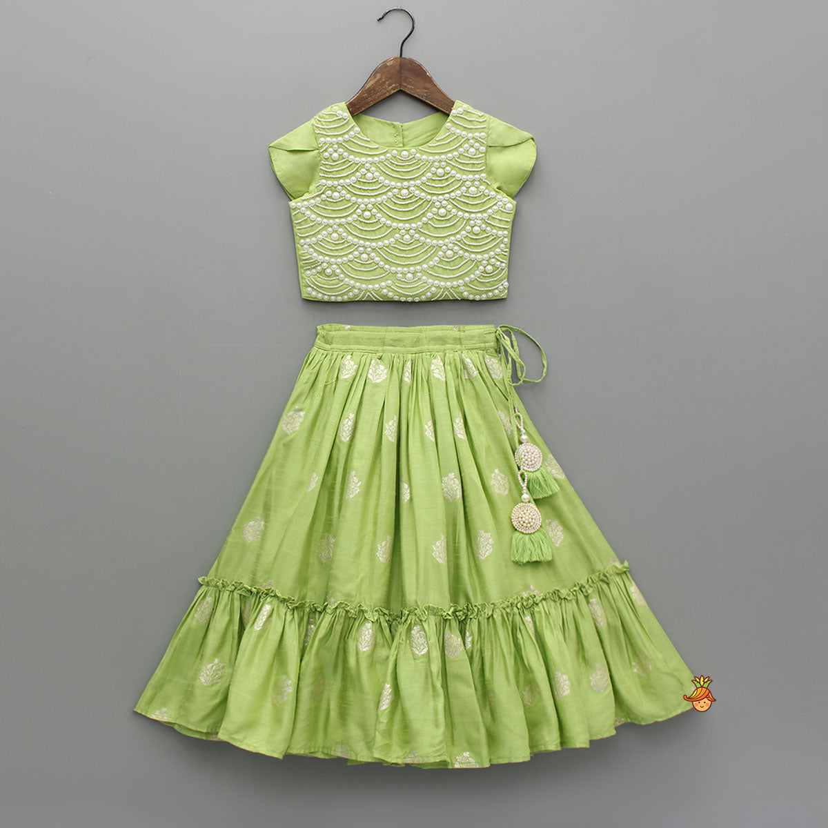 Pre Order: Embroidered Top Green And Brocade Lehenga