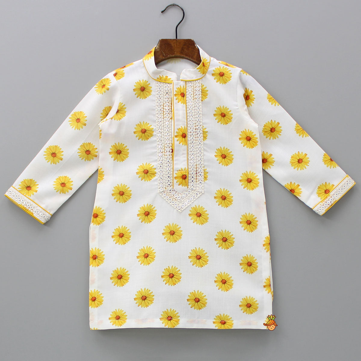 Faux Mirror Work Printed Cotton Linen Kurta And Pyjama