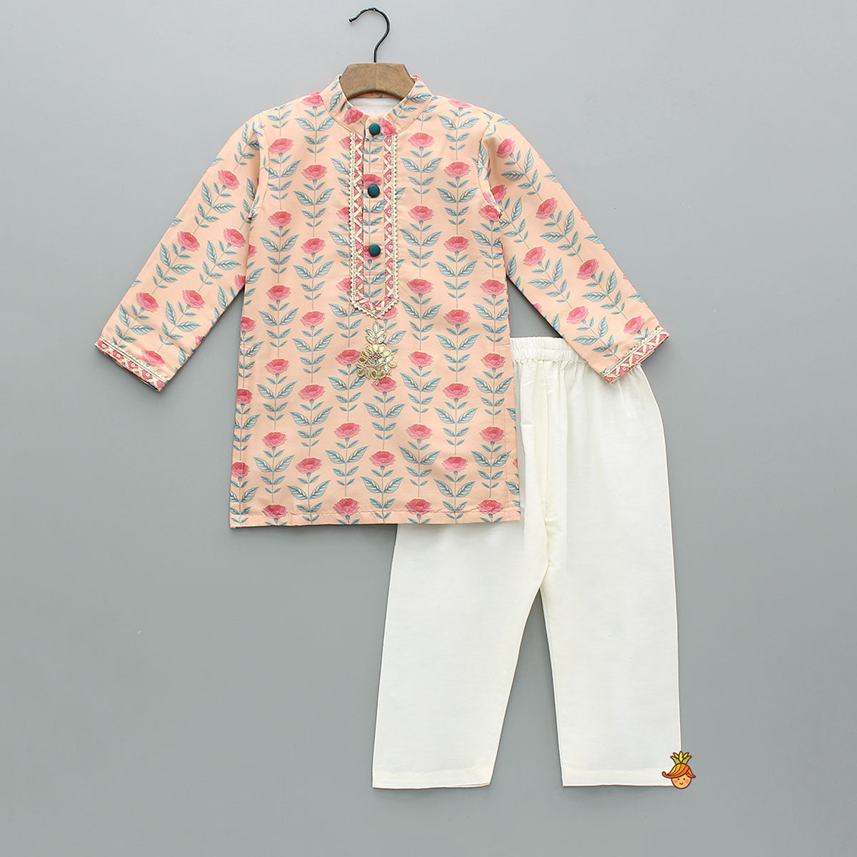Pre Order: Peach Floral Printed Kurta With Pyjama