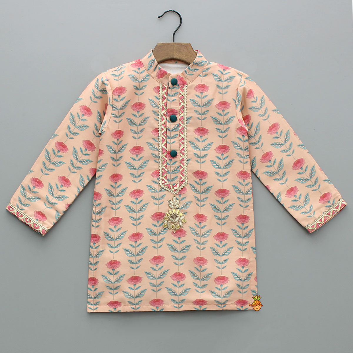 Pre Order: Peach Floral Printed Kurta With Pyjama